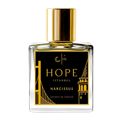 Narcıssus Hope Istanbul Perfume bottle with gold cap and black label on a white background