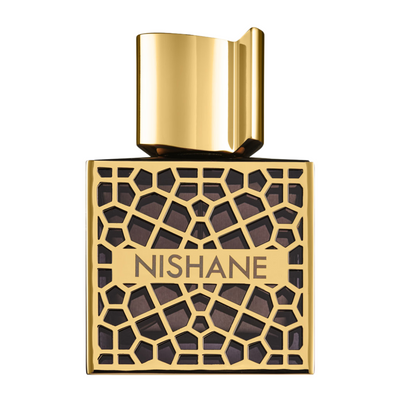 A square-shaped perfume bottle with a gold-colored cap and a brownish-gold geometric patterned body, with the brand name 'NISHANE' displayed prominently.