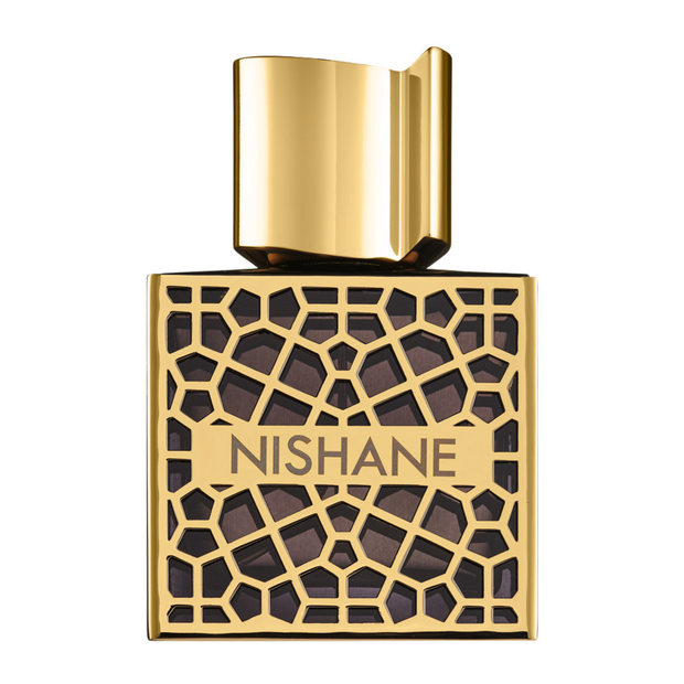 A square-shaped perfume bottle with a gold-colored cap and a brownish-gold geometric patterned body, with the brand name 'NISHANE' displayed prominently.