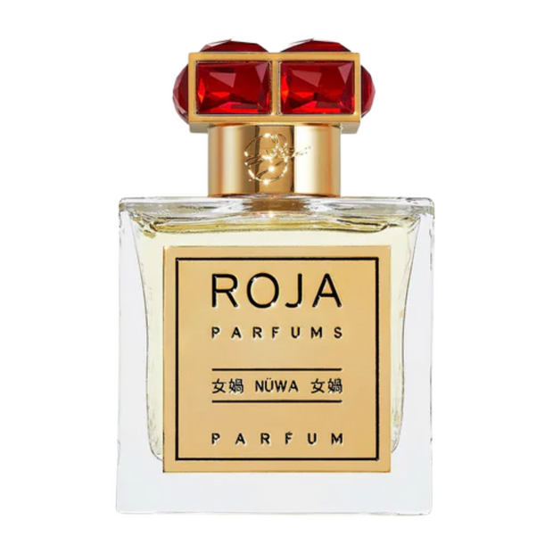 Nuwa Roja Dove perfume A glass perfume bottle with a gold label and a red crystal cap, displaying the brand name 'ROJA PARFUMS' and the word 'NUWA' in Chinese characters.