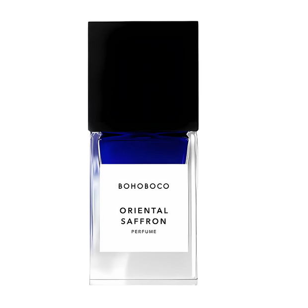 Oriental Saffron Bohoboco perfume A glass bottle of Bohoboco Oriental Saffron perfume with a black cap and a blue label.