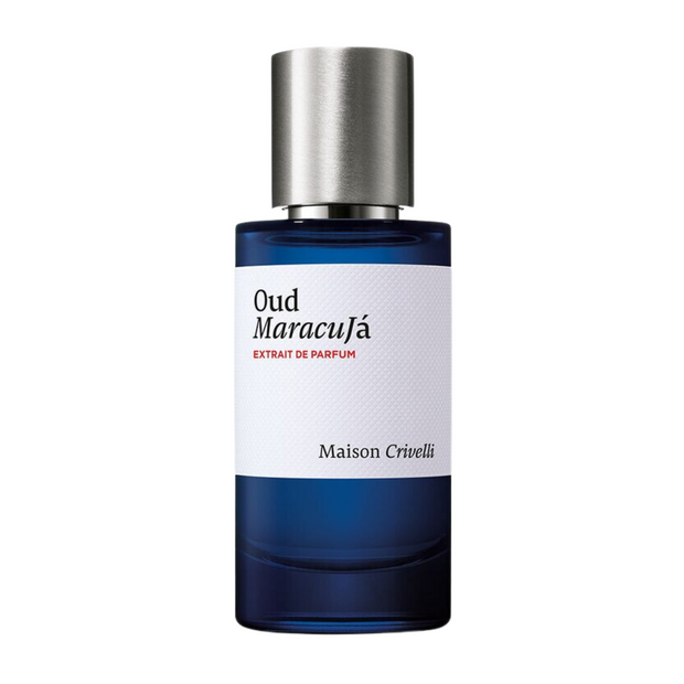 A bottle of Oud Maracujá perfume with a blue hue and a silver cap, labeled for Maison Crivelli.