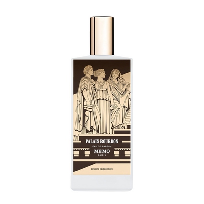 Palais Bourbon Memo Paris Perfume bottle with decorative label featuring classical figures on a white background