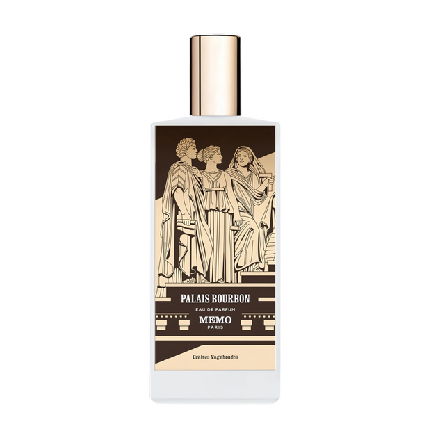 Palais Bourbon Memo Paris Perfume bottle with decorative label featuring classical figures on a white background