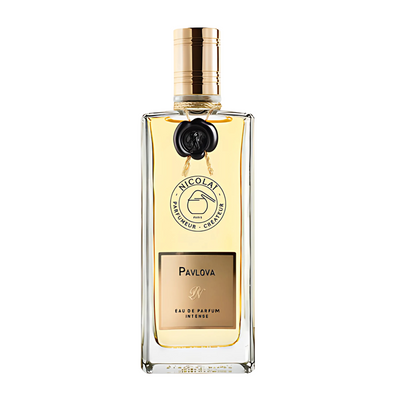 A bottle of 'Pavlova Nicolai' perfume with a clear, gold-colored liquid visible through the transparent glass, sealed with a gold foil top and a black label.