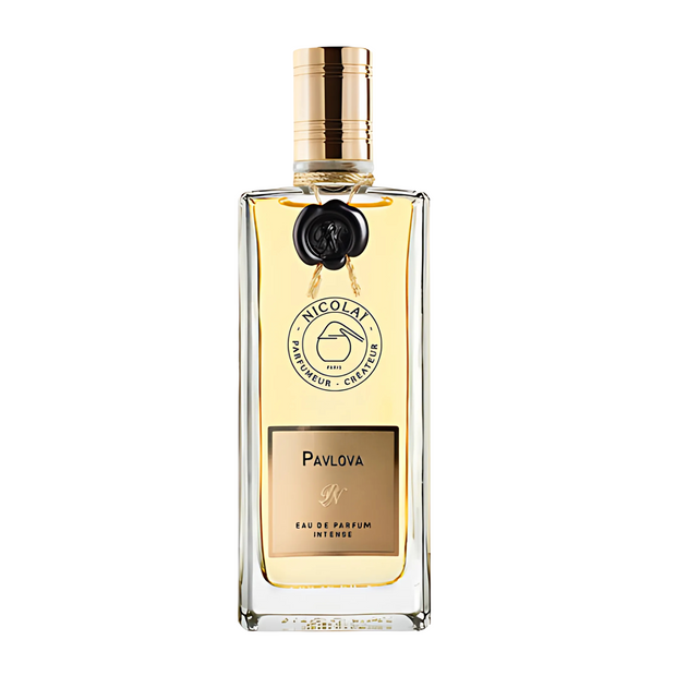 A bottle of 'Pavlova Nicolai' perfume with a clear, gold-colored liquid visible through the transparent glass, sealed with a gold foil top and a black label.