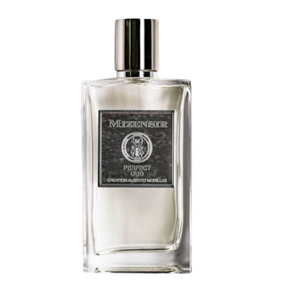 A bottle of Mizensir Perfect Oud fragrance for unisex.