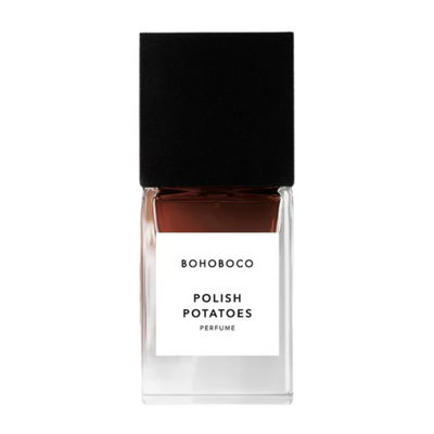 A bottle of Bohoboco Polish Potatoes perfume with a white label and black cap, containing a brown liquid.