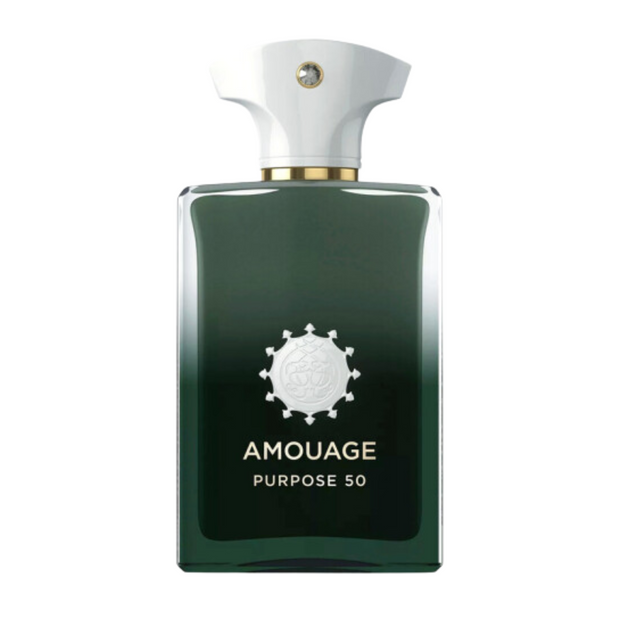 A green-colored bottle of Amouage Purpose 50 perfume with a white cap and label featuring the brand logo.