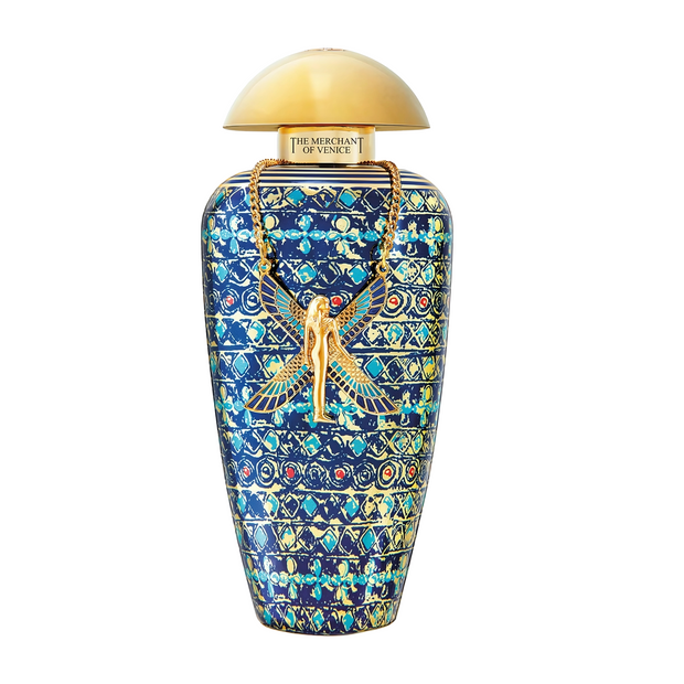 Queen of The Night Decorative bottle with intricate patterns and a gold cap on a white background