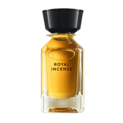 A bottle of Royal Incense Omanluxury cologne with a clear amber-colored liquid and a black cap.
