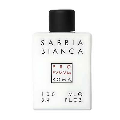 Sabbia Bianca Profumum Roma Sabbia Bianca perfume bottle with black cap on a white background