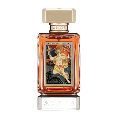 Perfume bottle with decorative label on a white background