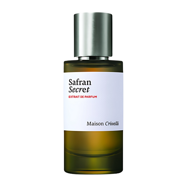 Safran Secret Maison Crivelli Perfume bottle labeled 'Safran Secret' by Maison Crivelli on a white background