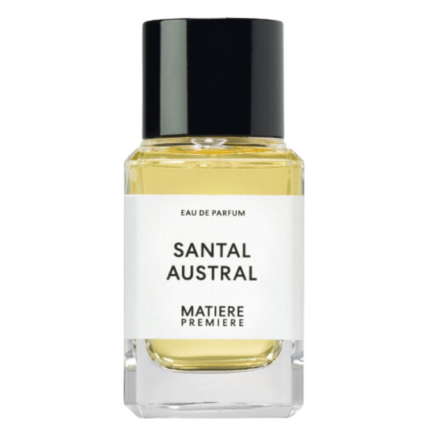 A bottle of Matiere Premiere Santal Austral eau de parfum with a black cap and a white label.