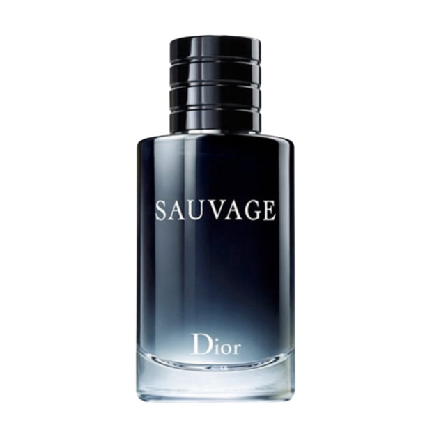 A bottle of Sauvage Dior cologne for men, with a sleek black and blue design.