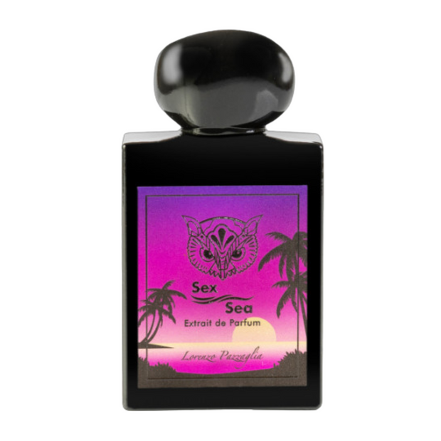 A black bottle of Sex-Sea Lorenzo Pazzaglia perfume with a purple label featuring a white graphic of a head and palm trees, indicating a tropical scent.