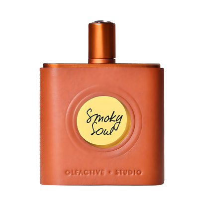 Smoky Soul Olfactive Studio Brown perfume bottle with a yellow label on a white background