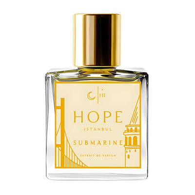 Submarine Hope Istanbul Perfume bottle with gold cap and label on a white background