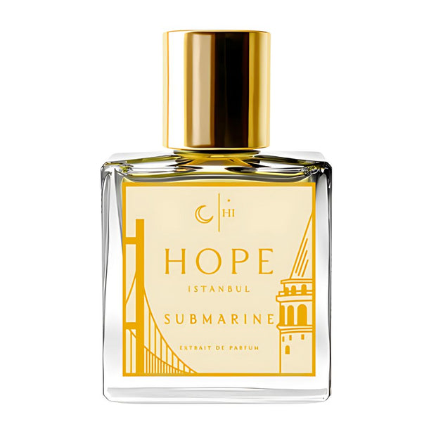 Submarine Hope Istanbul Perfume bottle with gold cap and label on a white background