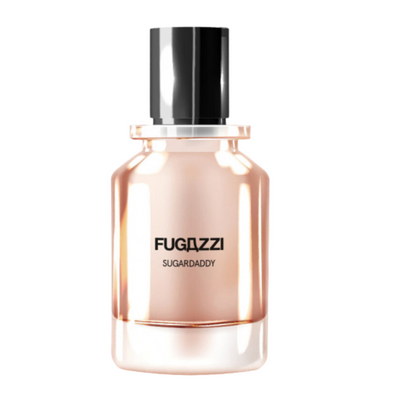 A bottle of Sugardaddy Fugazzi fragrance with a clear, pink-toned glass container and a black cap.