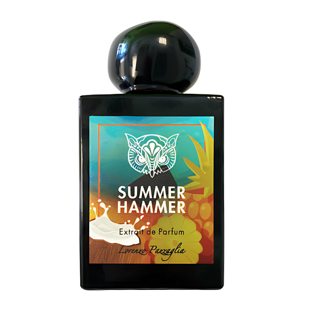 A bottle of 'Summer Hammer' perfume with a hammer-shaped top, label featuring a sun and beach imagery, and text indicating the brand and fragrance name.