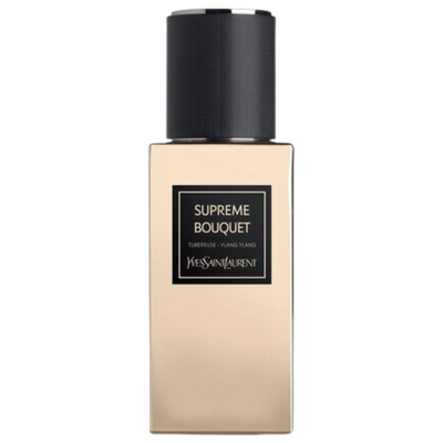 A bottle of Yves Saint Laurent Supreme Bouquet fragrance, with a black cap and a gold-colored label.