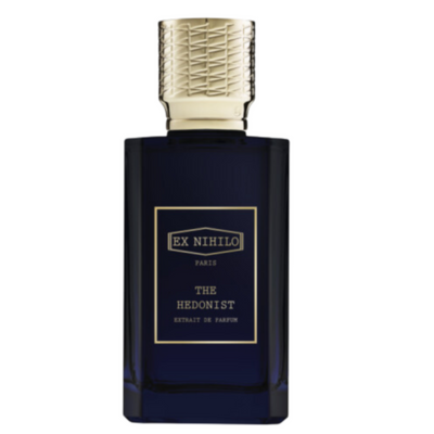 A navy blue bottle of 'The Hedonist' Extrait de Parfum by Ex Nihilo with a gold-colored cap and label.