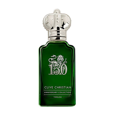 Timeless Clive Christian Green Clive Christian perfume bottle with silver cap on a white background