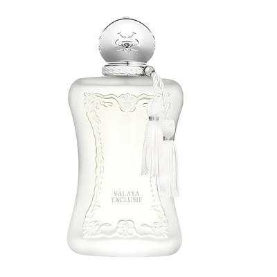 Valaya Exclusif perfume A white, frosted glass perfume bottle with intricate engravings and a silver cap, labeled 'Valaya Exclusif'.