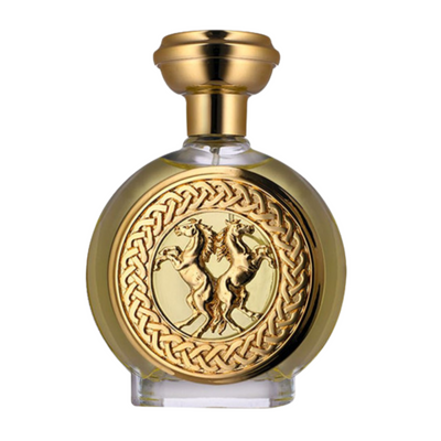 Valiant Boadicea A perfume bottle with a golden cap and a label featuring an embossed design with a horse motif.