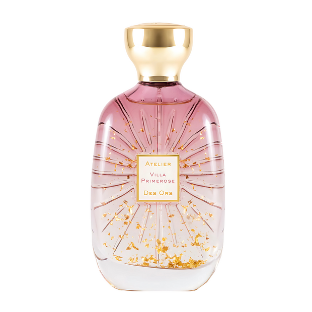 Perfume bottle with gold cap and decorative label on a white background