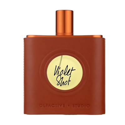 Violet Shot Olfactive Studio Brown perfume bottle with gold cap and label on a white background