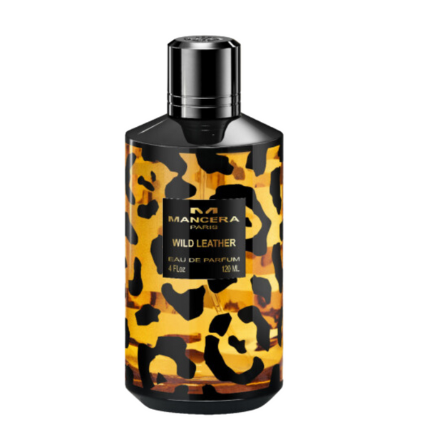 A bottle of Wild Leather Mancera perfume with a leopard print design on the label.