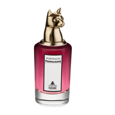A bottle of Yasmine Penhaligon's fragrance with a distinctive cat-shaped stopper on the lid.