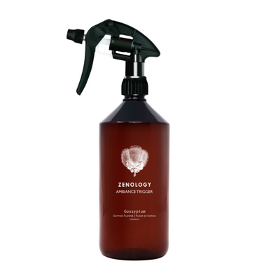 ZENOLOGY ROOM SPRAY GOSSYPIUM A brown bottle of ZENOLOGY room spray with a black spray nozzle, labeled with the product name and brand.