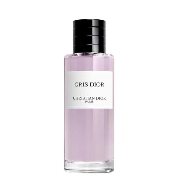 A pink bottle of Christian Dior fragrance, Gris Dior, with a black cap.